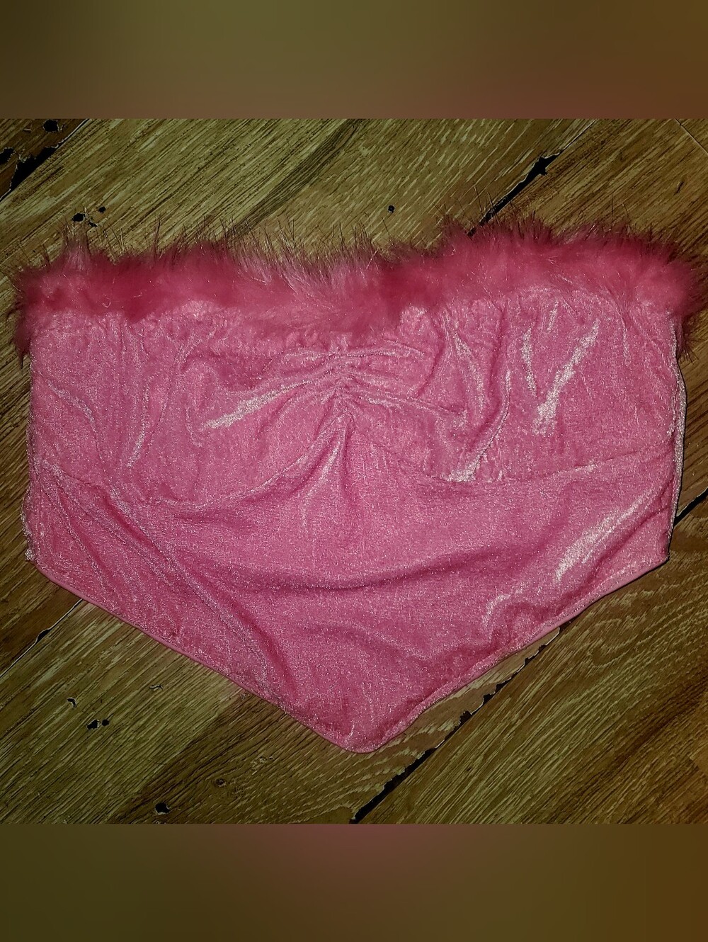 Women's Pink Shiny Velour-Look Faux Fur Trim Tube Top